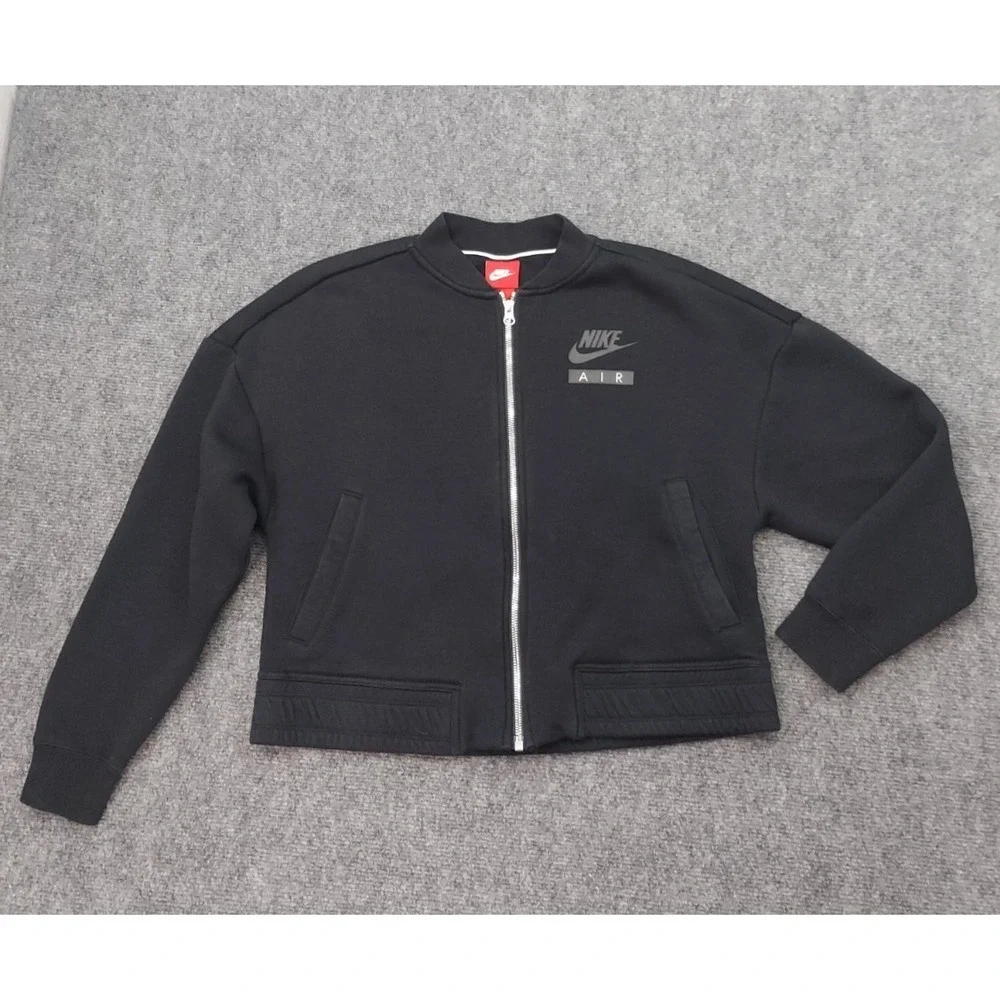 NIKE AIR Jacket Women Small Fleece Black Full Zip Logo Spellout on Back Athletic